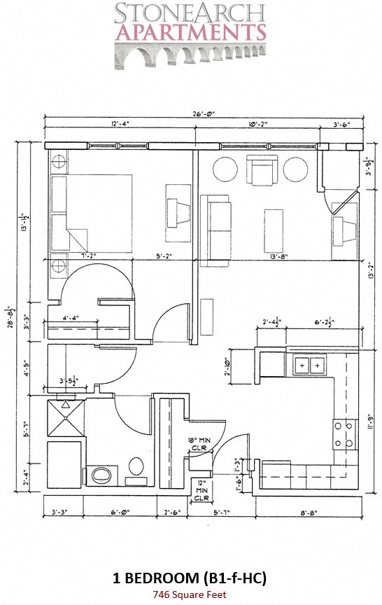 Floor plan for 1 bed, 1 bath, 746 sqft